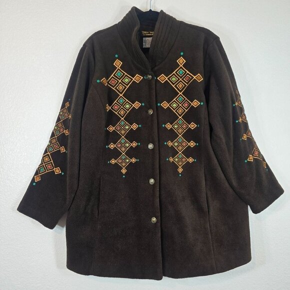 Bob Mackie Wearable Art Fleece Coat Jacket Women 1X Geometric Embroidered Brown - Picture 1 of 10